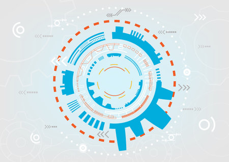 tech circle red, orange, blue, abstract background, clean and comfortable dots, symbols and cogs on gradient background.のイラスト素材