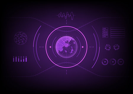 Hi-tech radar-scanning screen that glows There is a circle on the outside. has a curve with a point There is an energy scale, there is a graph, the background is gradient, purple.のイラスト素材