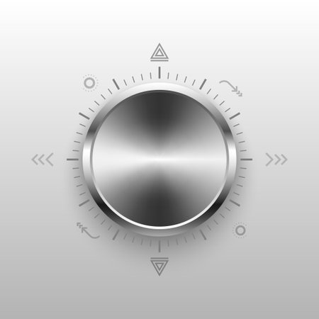 The stainless steel metal circle control switch button has a reflective shine. with periphery and elements, gray gradient backgroundのイラスト素材