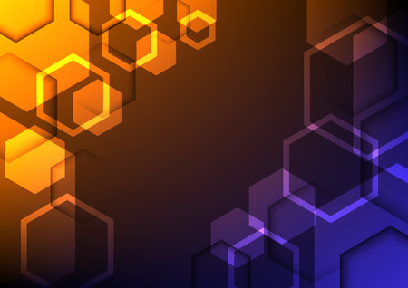 technology abstract Bright overlapping hexagons on a gradient background. orange and blueのイラスト素材