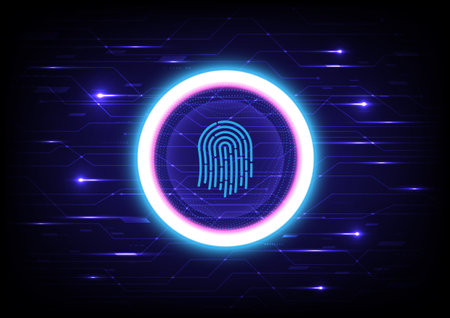 Hi-tech background glowing circle There is a security fingerprint scanner. In the center there is an electronic illuminated circuit line with elements. gradient backgroundの写真素材