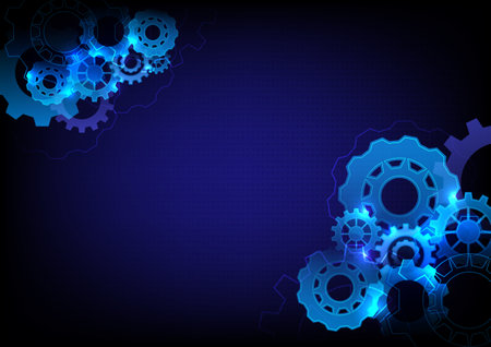 Glowing cog wheels. Hi-tech abstract. Background. Space available. Blue gradient background.のイラスト素材