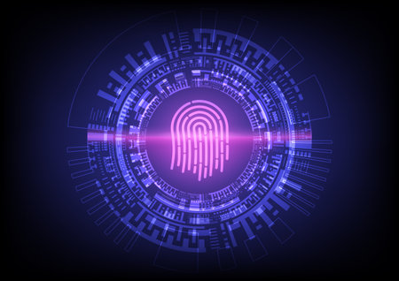 Fingerprint security technology There is a tech circle outside. Purple scan laser line on blue gradient backgroundのイラスト素材