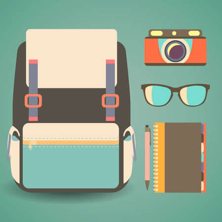 Backpack in flat style. Set of objects in a flat style. Glasses, notebook, camera.のイラスト素材