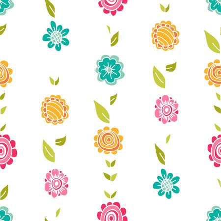 Vector floral pattern in doodle style with flowers and leaves. Gentle, spring floral background.のイラスト素材
