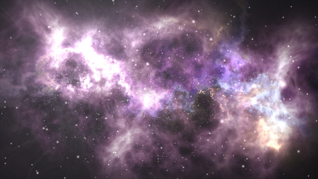 Space flight through the nebula. Space background with purple nebula, many stars.