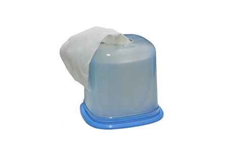 Toilet paper in blue box on white backgroundの写真素材