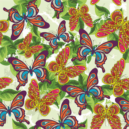 pattern with butterflies and leaves on a yellow background. illustrationのイラスト素材
