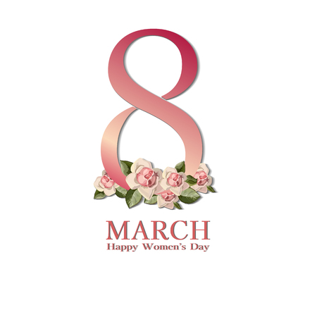 8 March greeting card template. International Womens day background or brochure on white with rouse. Vectorの写真素材