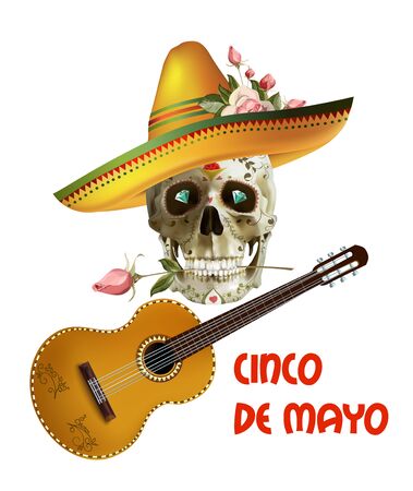 Cinco de Mayo emblem design with lettering, sombrero and guitar - symbols of holiday. Isolated Vector illustration. vectorのイラスト素材