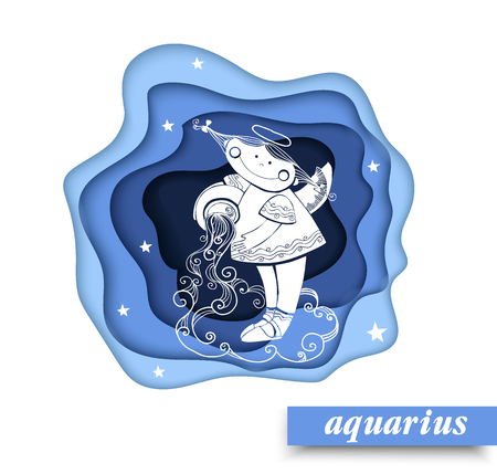 Paper art Aquarius of zodiac and horoscope concept, vector art and illustration. Children horoscope.のイラスト素材