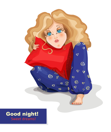 Cute little girl on soft pillows. Beautiful young girl with long hair. Vector illustrationのイラスト素材