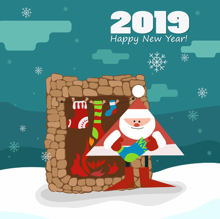 New Year picture. Santa by the fireplace. Gifts. New Year. vector illustrationのイラスト素材