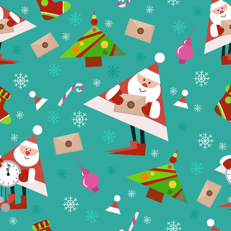 Seamless New Year pattern on green background. Candys, christmas tree and snowflake. vector illustrationのイラスト素材