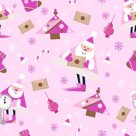 Seamless New Year pattern on pink background. Candys, christmas tree and snowflake. vector illustrationのイラスト素材