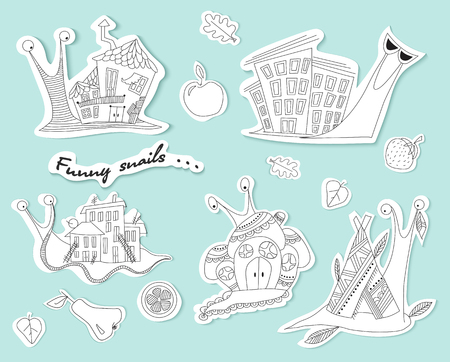 Set of funny snails. Sketch. Ahatina snail. Vectorのイラスト素材