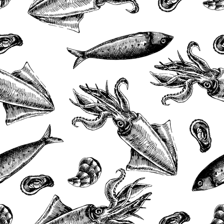 Seamless pattern with fish and shellfish. Marine wallpapers. Vectorのイラスト素材