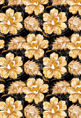 Seamless pattern with golden hibiscus flowers on black backgroundの写真素材