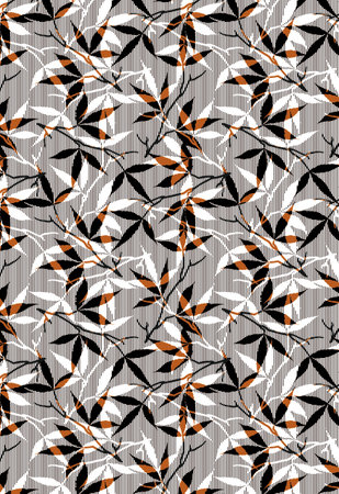 Seamless pattern with black and orange leaves on a gray backgroundの写真素材