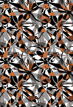 Abstract seamless pattern with doodle flowers in black and white colorsの写真素材
