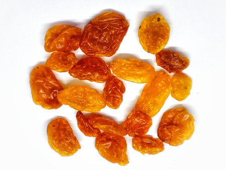 Dried raisins on a white background. Top view.の写真素材