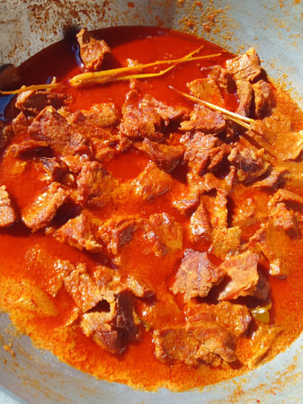 Close-up of a bowl of stewed beef with tomato sauceの写真素材