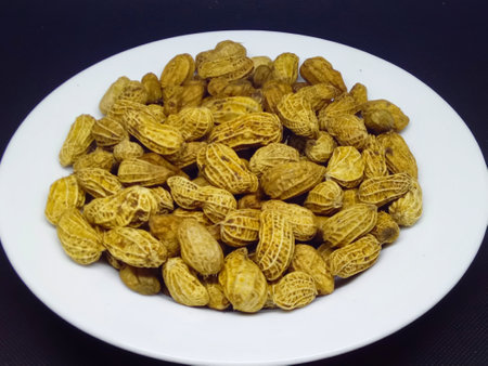 peanuts in a white plate on a black background, close-upの写真素材