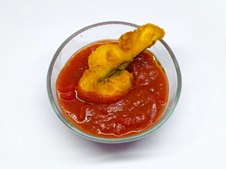 Fried shrimp with red sauce in glass bowl isolated on white backgroundの写真素材