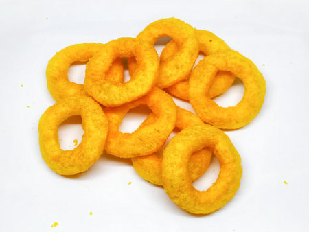 Potato rings on a white background. Snack to beer.の写真素材