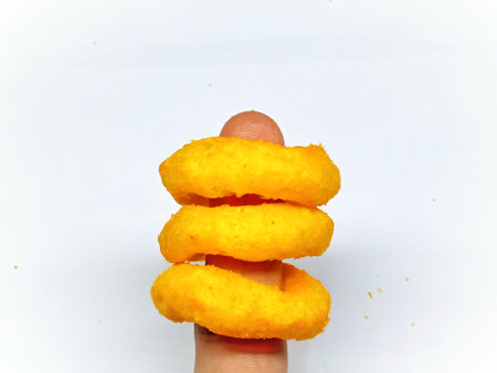 Fried onion rings isolated on white background with clipping path.の写真素材