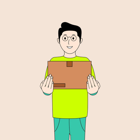 A man is holding a brown box and smiling. Concept of happiness and excitement, possibly related to...