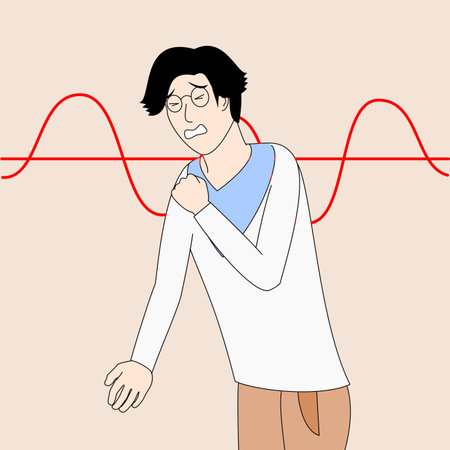 A man in a white shirt is holding his arm and feels pain. The image is a cartoon of a man in a white shirt with a red line behind him. The man is in pain or discomfortのイラスト素材