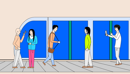 A group of people are walking down a street, some of them are looking at their cell phones. The...