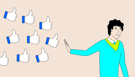 man is standing and refusing gesture of thumbs up icons. He is holding his hand up in front of the...