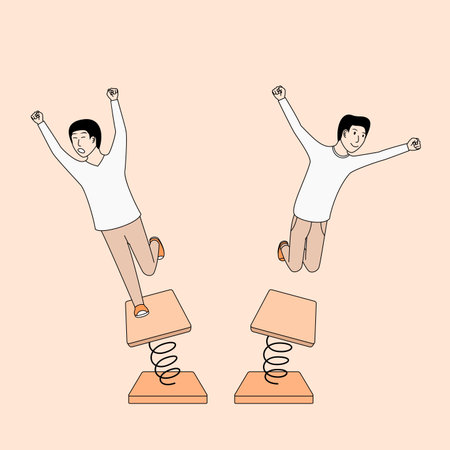 Two men are jumping on a wooden platform, one of them is jumping higher than the other. Concept of...
