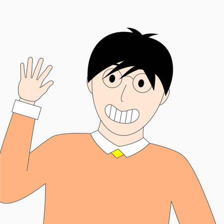 close up boy is waving at the camera with a big smile on his face. The boy is wearing an orange shirt and a yellow tieのイラスト素材