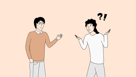 Two people are talking to each other, one of them is asking a question. Scene is curious and...