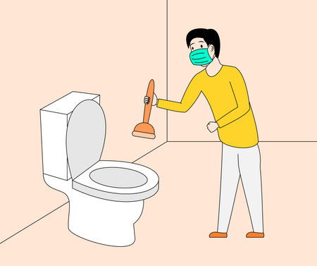 Man in a yellow shirt is holding a plunger cleaning a toilet. Concept of urgency and the need to fix the toiletのイラスト素材