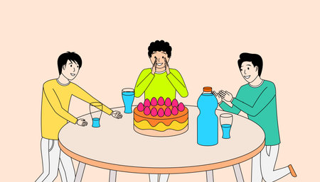 Three men are sitting around a table with a cake and drinks. One of the men is wearing a green shirt