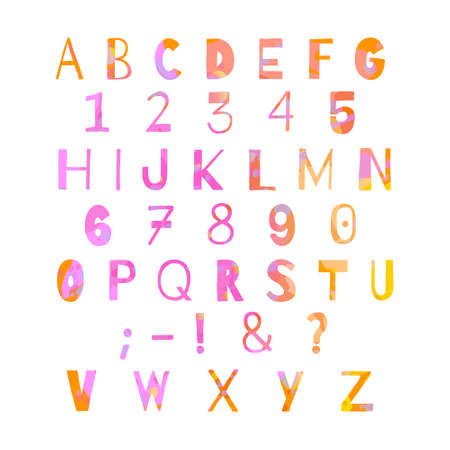 Alphabet in violet, orange, yellow, pink colors. Collage of abc elements isolated on white....