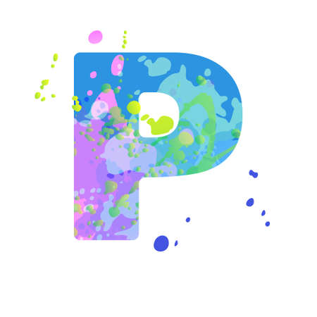 Bold letter P with effect of liquid spots of paint in blue, green, pink colors, isolated on white background.のイラスト素材