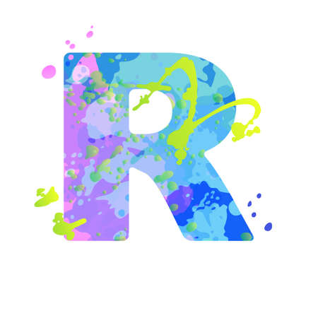 Bold letter R with effect of liquid spots of paint in blue, green, pink colors, isolated on white background. Decoration element for design of a flyer, poster, calendar, cover, title. Vector EPS10のイラスト素材