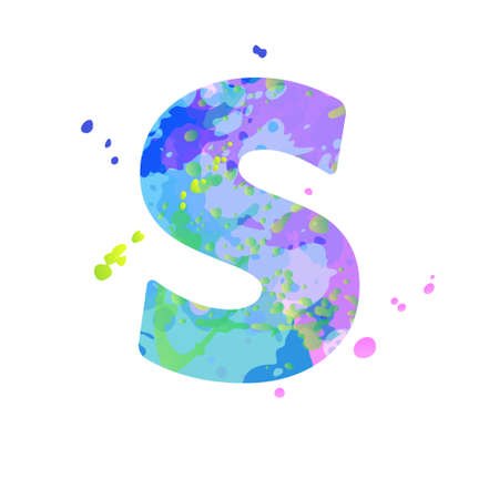 Bold letter S with effect of liquid spots of paint in blue, green, pink colors, isolated on white background. Decoration element for design of a flyer, poster, calendar, cover, title. Vector EPS10のイラスト素材