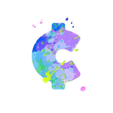 Special symbol cent with effect of liquid spots of paint in blue, green, pink colors, isolated on white background. Decoration element for design of a flyer, poster, calendar, cover, title.のイラスト素材