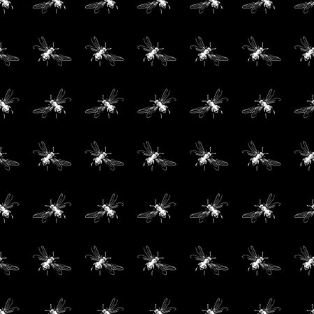 Simple seamless pattern of freehand sketch of flying bees, drawn and digitized, in black and white. Vector illustration for fashion, package design, wallpaper, textile, fabric, wrapping paper.のイラスト素材