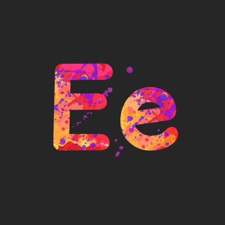 Letters E uppercase and lowercase with effect of liquid spots of paint in red, purple, yellow colors, isolated on dark grey. Decoration element for design of a flyer, poster, cover, title. Vectorのイラスト素材