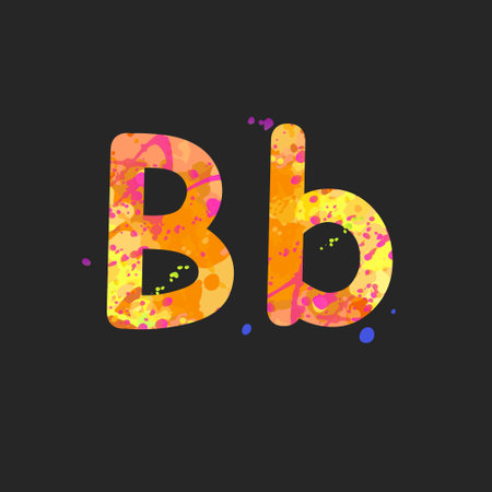 Letters B uppercase and lowercase with effect of liquid spots of paint in yellow, orange, purple colors, isolated on dark grey. Decoration element for design of a flyer, poster, cover, title. Vectorのイラスト素材