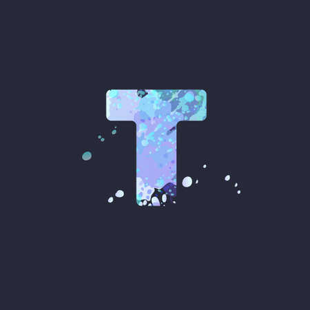 Bold letter T with effect of liquid spots of paint in blue, white, purple colors on dark navy background.のイラスト素材