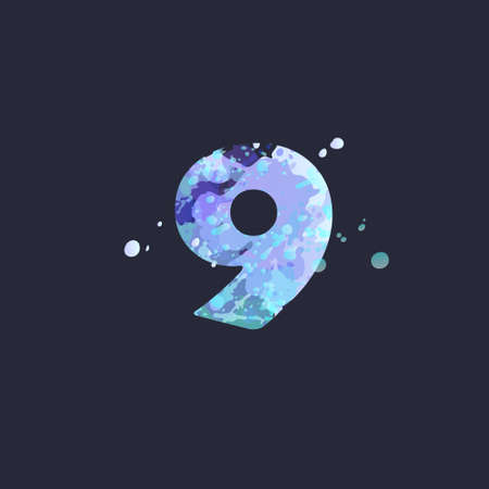 Bold number 9 with effect of liquid spots of paint in blue, white, purple colors on dark navy...