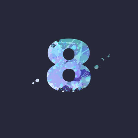Bold number 8 with effect of liquid spots of paint in blue, white, purple colors on dark navy...